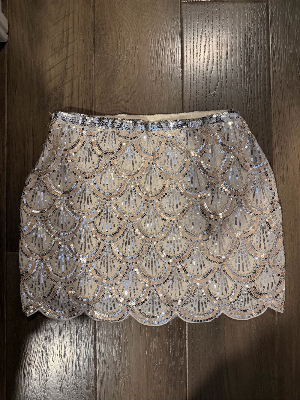 Main Strip Champagne Sequin Scallop-Hem Mini Skirt